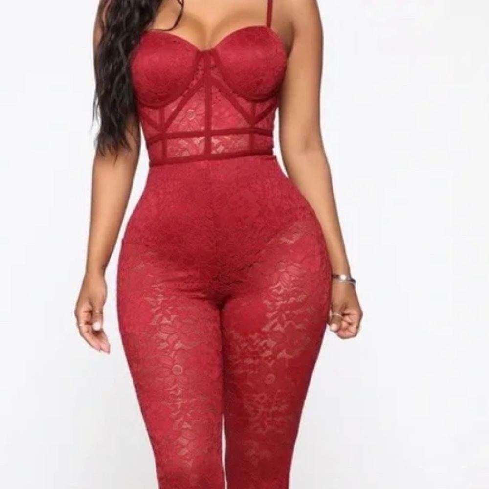 Fashion Nova burgundy lace pants romper with builtin bodysuit wine color stretch